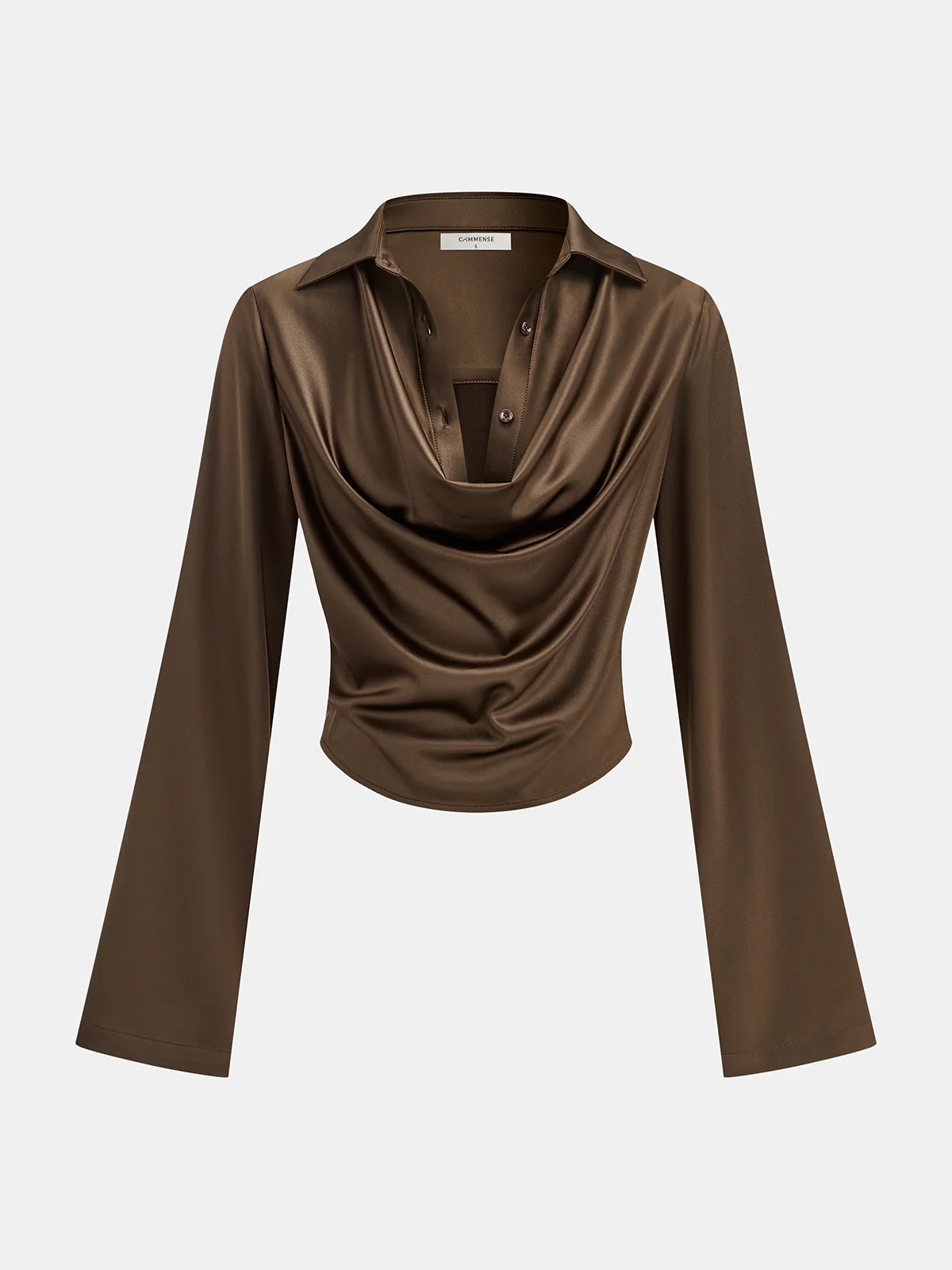 Satin Cowl Neck Long Sleeve Shirt | Commense
