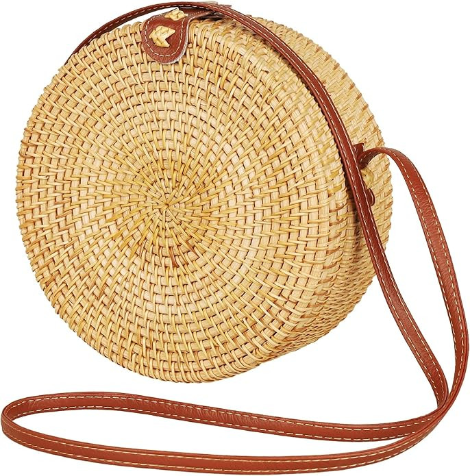 Handwoven Round Rattan Bag Purse for Women, Tote Basket Circle Boho Bag Bali | Amazon (US)
