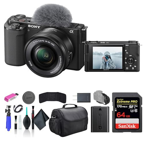 Sony ZV-E10 Mirrorless Camera with 16-50mm Lens Black ILCZV-E10L/B, 64GB Memory Card, Bag, Card Reader, HDMI Cable, Flex Tripod, Hand Strap, Memory Card Wallet, Cleaning Kit | Amazon (US)