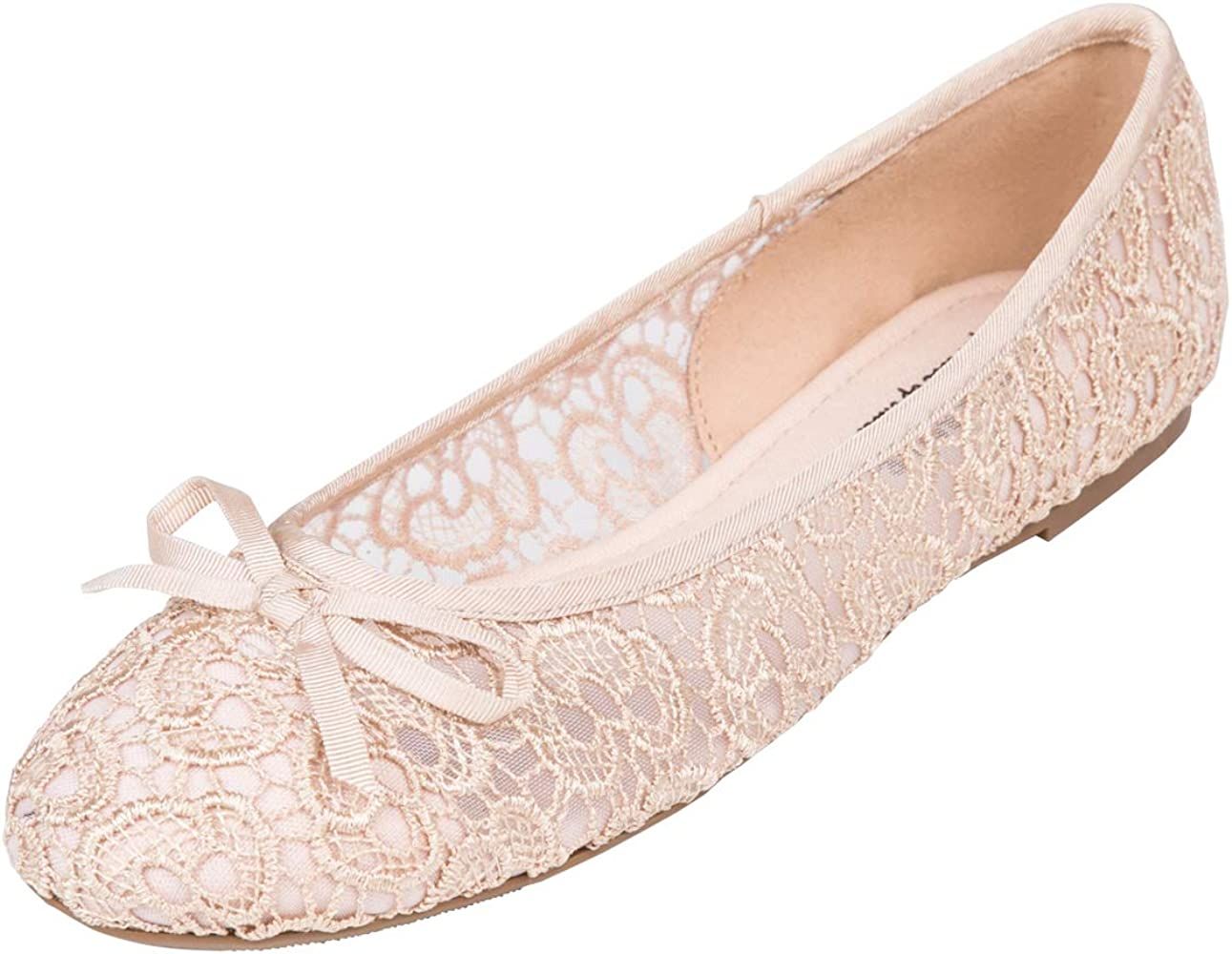 FEVERSOLE Round Toe Lace Ballet Crochet Flats Women's Comfy Breathable Shoes | Amazon (US)