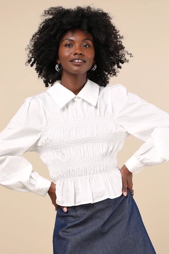Poised Esteem White Cotton Smocked Collared Long Sleeve Top | Lulus