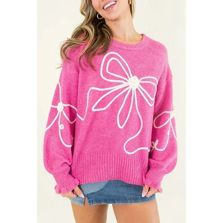 NeiHoYe Floral Bow Sweater - Chic Playful and Comfortable in Bold Pink! | Walmart (US)