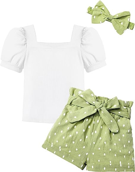 BAVADER Toddler Girl Clothes, 2 Piece Girls Outfits Set Headband Puff Sleeve Top Belted Polka Dot... | Amazon (US)