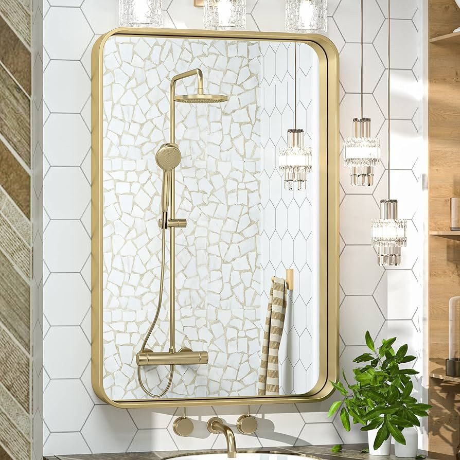 TokeShimi 20 x 30 Inch Gold Bathroom Wall Mirror Vanity Metal Frame Round Corner Rectangular for ... | Amazon (US)