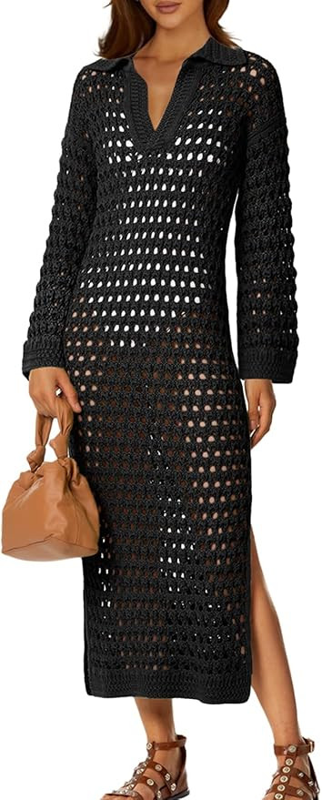 Saodimallsu Womens Crochet Swimsuit Cover Up V Neck Collared Long Sleeve Mesh Knit Split Long Bea... | Amazon (US)