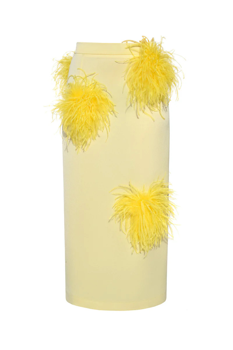 BUTTER YELLOW PENCIL SKIRT WITH FEATHER DETAILS | Lalo | CULT MIA | CULT MIA UK LTD
