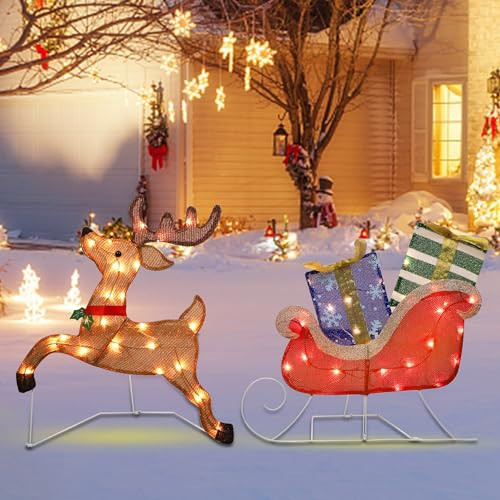 Prsildan Lighted Santa Sleigh & Reindeer Outdoor Christmas Decorations | Amazon (US)