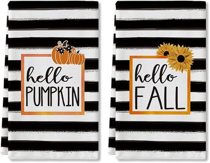 Artoid Mode Black Stripes Hello Pumpkin Fall Kitchen Towels and Dish Towels, 18 x 28 Inch Fall Au... | Amazon (US)