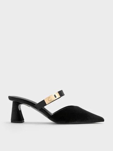 Lando Velvet Pointed-Toe Metallic-Buckle Heeled Mules
    
         - Black Textured | Charles & Keith US