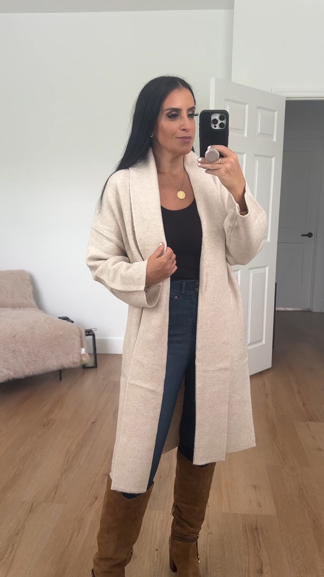 Womens Long Cardigan Sweater wearing size medium.