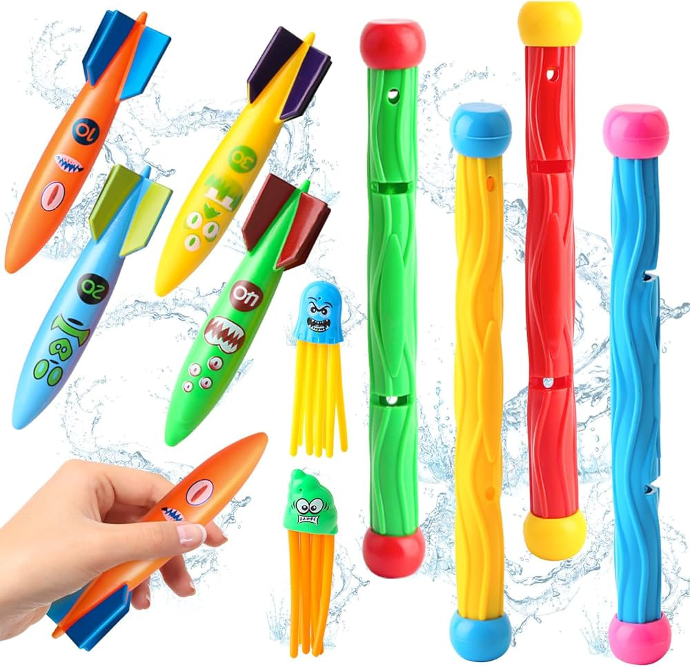Dive Rings Pool Toys Adults, 10 Pcs Diving Pool Toy for Kids Ages 4-8, Shark Torpedo Dive Set, Oc... | Amazon (US)