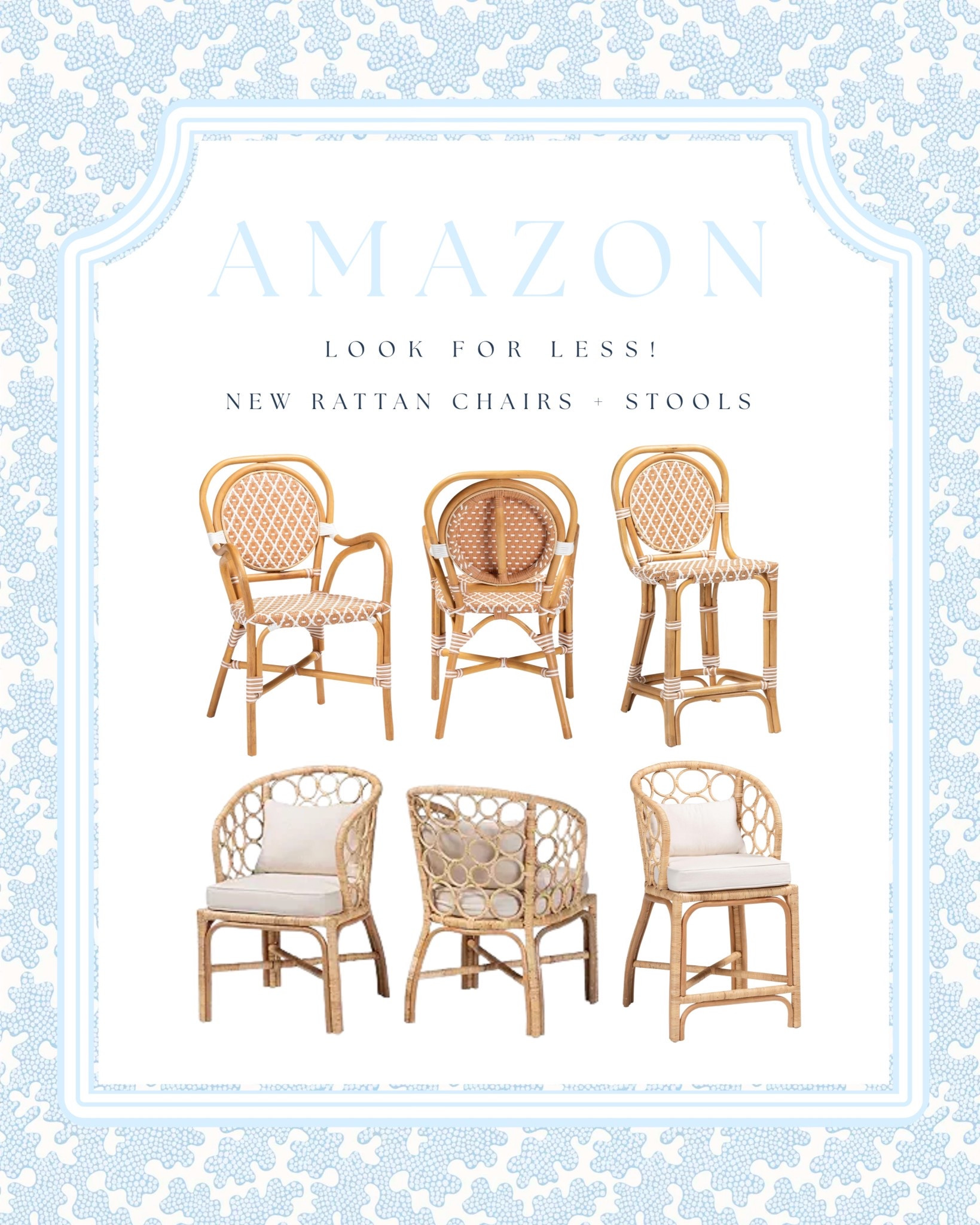 Rattan dining chairs + counter stools that give the high-end designer look for less 🤍✨ If you love the classic French bistro and coastal rattan style, these new Amazon finds are such a good dupe moment. Think Serena & Lily inspired woven chairs, counter stools, and accent seating with that timeless natural cane + wicker texture.

These are perfect for a coastal kitchen, breakfast nook, patio dining space, or beach house bar area. I especially love the woven bistro pattern and the round rattan frame chairs for adding that Palm Beach / coastal grandmother aesthetic without the designer price tag.

Linking all of these Amazon rattan chairs, woven bistro chairs, and rattan counter stools in my LTK for an easy designer look for less.

#coastaldecor #rattanchairs #bistrochairs #amazonhomefinds #coastalhome #palmbeachstyle #coastalgrandmother #amazonlookforless #wovenchairs #kitchencounterstools

#LTKHome