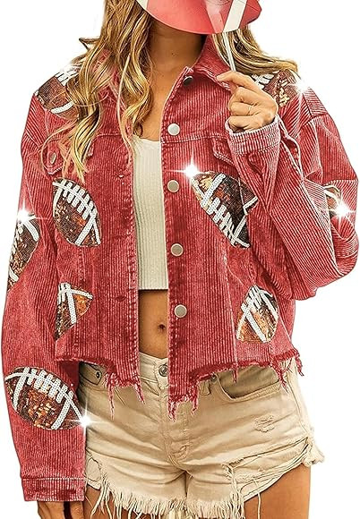 Aimiray Women's Cropped Corduroy Jacket Football Sequin Patched Print Button Frayed Hem Shacket O... | Amazon (US)