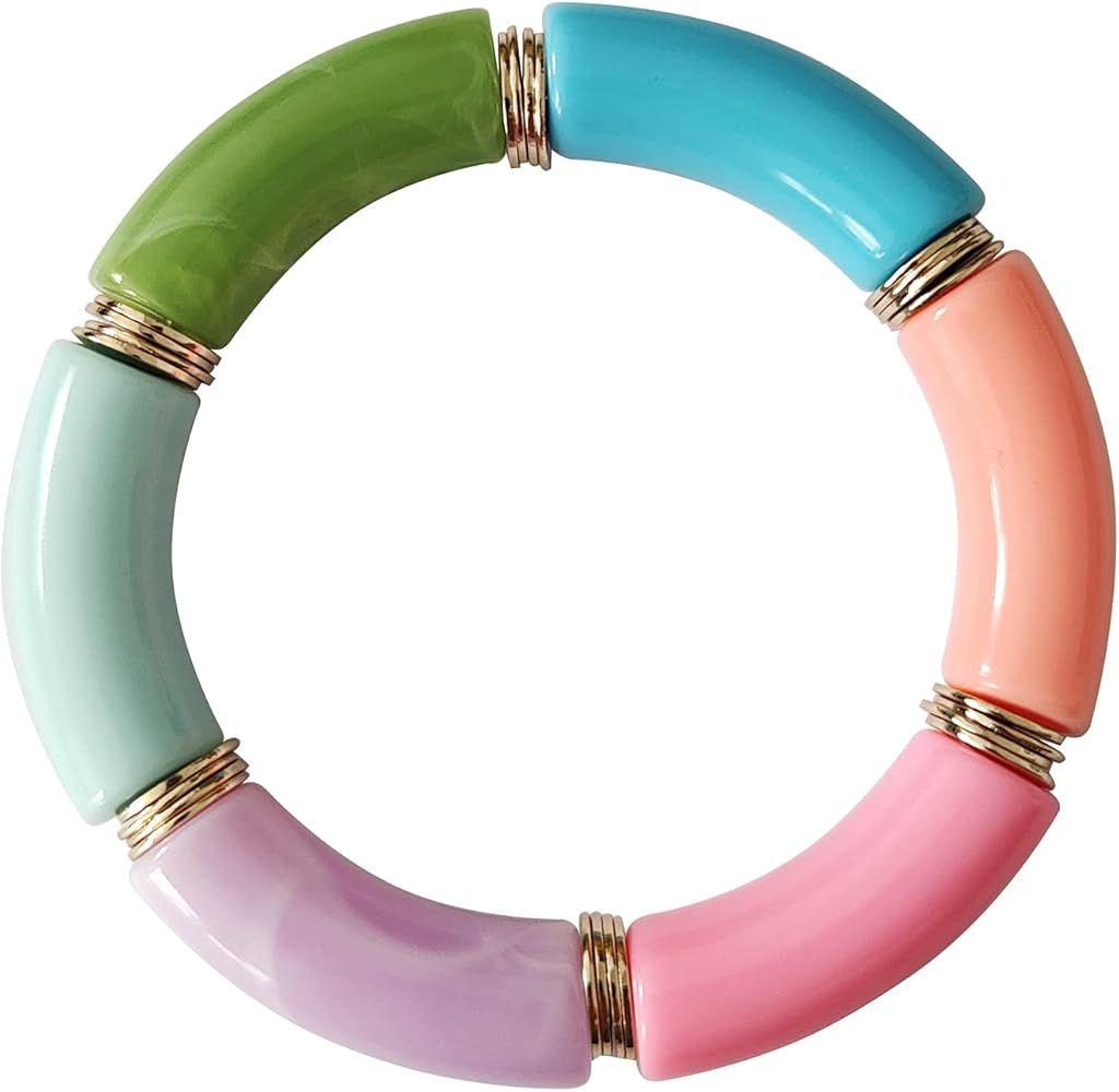 Bamboo Tube Bangles Bracelet Chunky Curved Stacking Clear Acrylic Colorful Beads Stretchable Friends | Amazon (US)