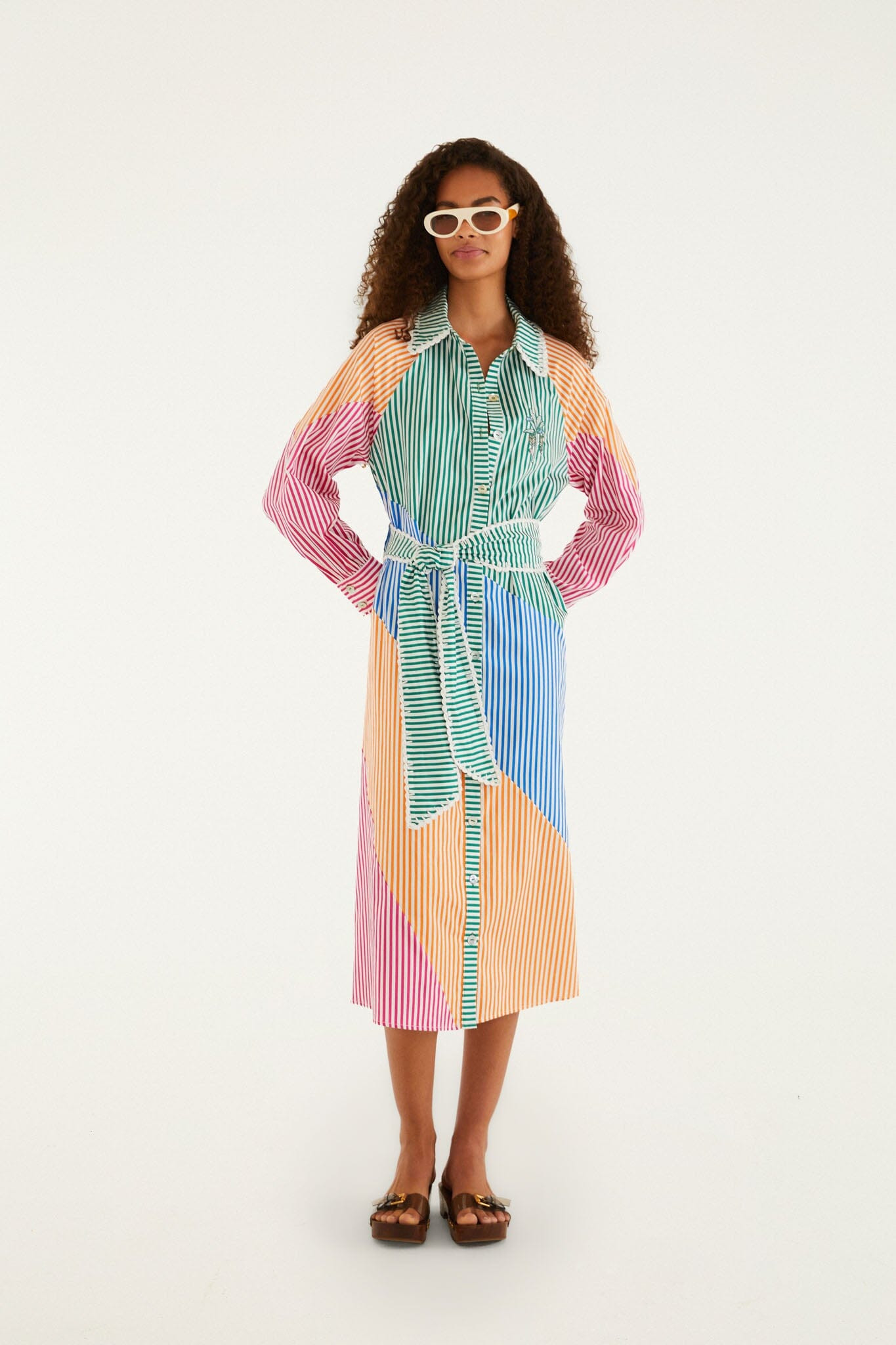 Multicolor Stripes Embroidered Belted Organic Cotton Midi Dress | FARM Rio | FarmRio (US)