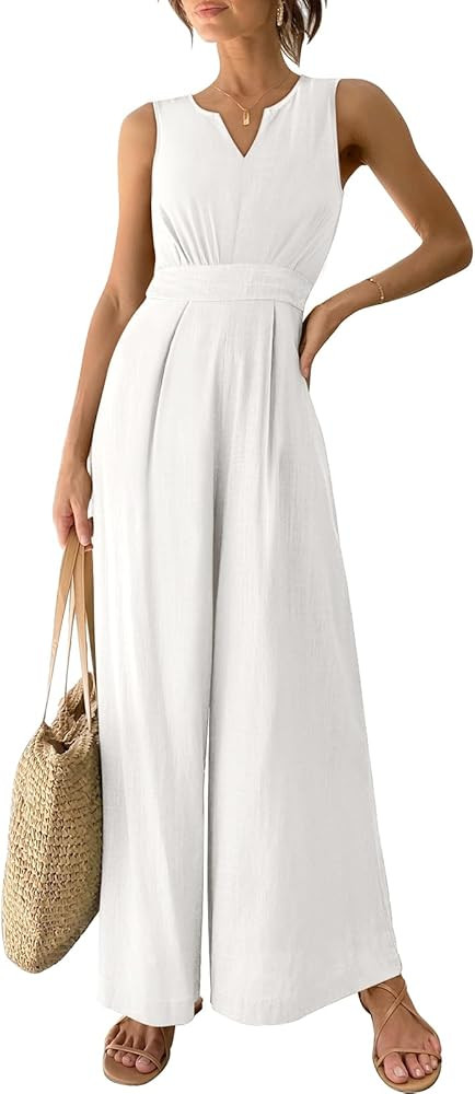 ANRABESS Jumpsuits for Women Dressy 2024 Summer Casual Linen Romper Sleeveless V Neck High Waist ... | Amazon (US)
