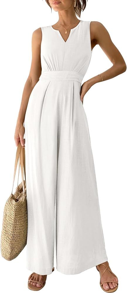 ANRABESS Women's Summer Wide Leg Jumpsuits V Neck Sleeveless High Waist Dressy Linen Romper with ... | Amazon (US)