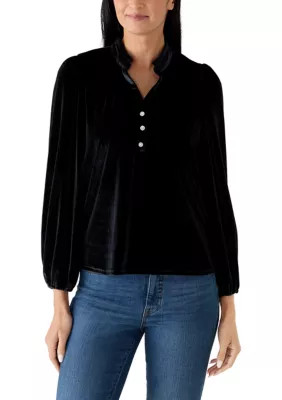 Women's Velvet Button Down Ruffle Neck Shirt | Belk
