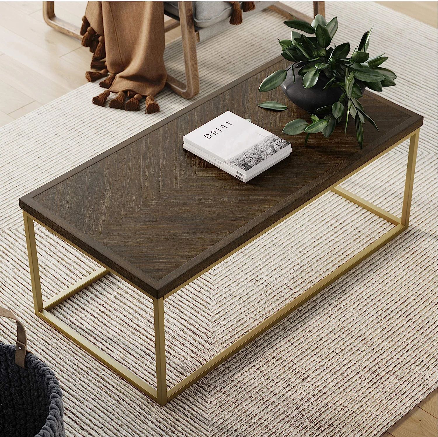 Nathan James Doxa Modern Industrial Coffee Table Wood in with Metal Rectangle Frame, Dark Brown/G... | Amazon (US)