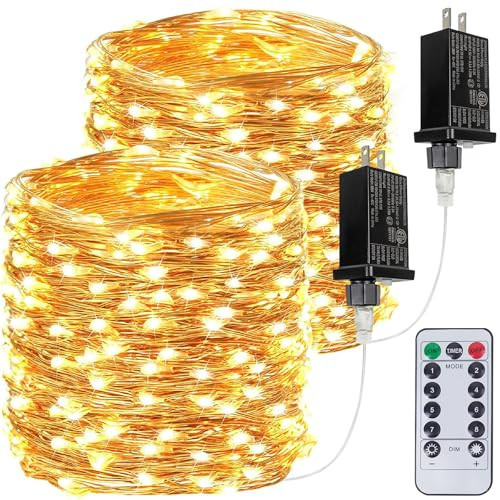 2Pack Each 66Ft 200LED Christmas Fairy Lights Plug in with Remote, Waterproof Twinkle Lights Outdoor Indoor, String Lights 8 Modes with Timer for Girl's Room Garden Christmas Decorations (Warm White) | Amazon (US)