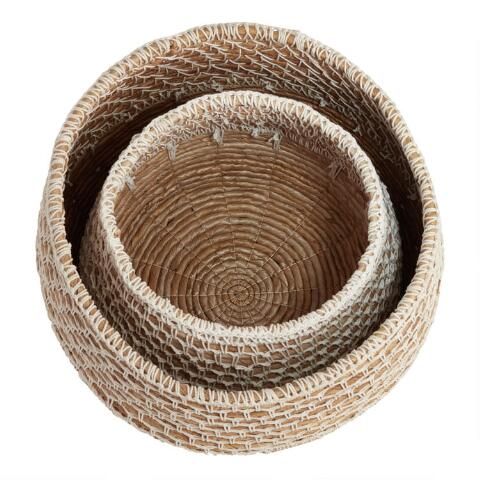 Natural Banana Leaf Harper Basket with White Macrame | World Market