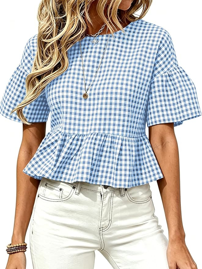 Ailoqing Womens Gingham Top Casual Short Bell Sleeve Crew Neck Ruffle Babydoll Peplum Blouse Plai... | Amazon (US)