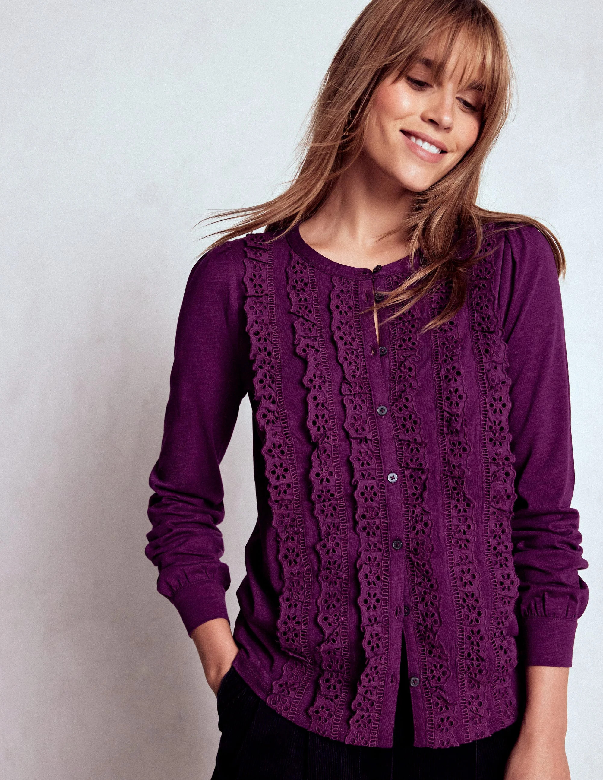 Broderie Ruffle Jersey Shirt-Plum Jam | Boden (US)