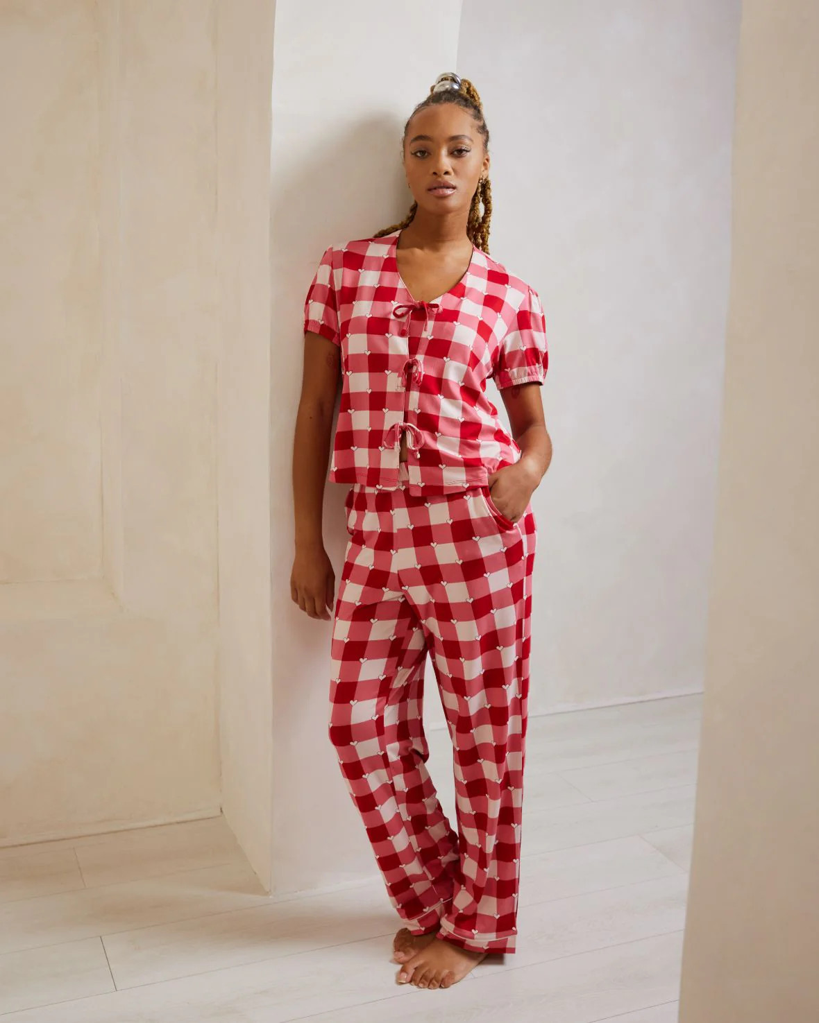 Gingham Heart Print Long Pyjama Set | Chelsea Peers NYC