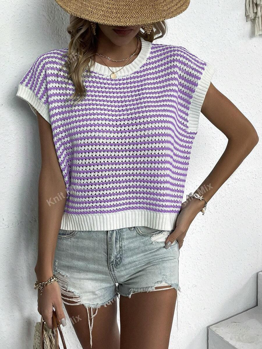 Knit Mix Women Knit Top Casual Vacation Spring Summer Color Block Striped Round Neck Sleeveless L... | SHEIN