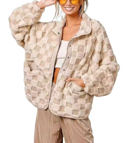 chouyatou Women Winter Casual Checkered Fleece Jacket Fuzzy Oversized Sherpa Jacket Shacket Faux ... | Amazon (US)