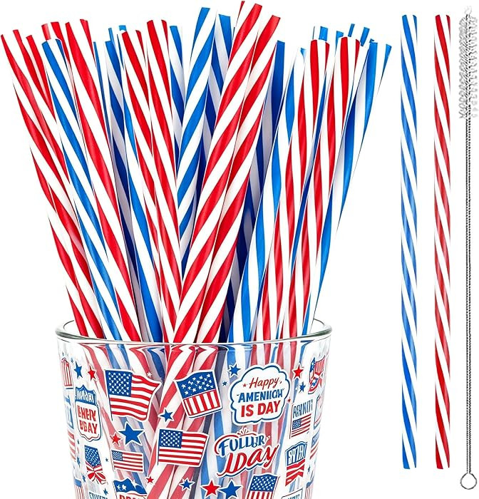 100PCS Reusable Red White and Blue Striped Straws for USA 250th Anniversary 4th of July Patriotic... | Amazon (US)