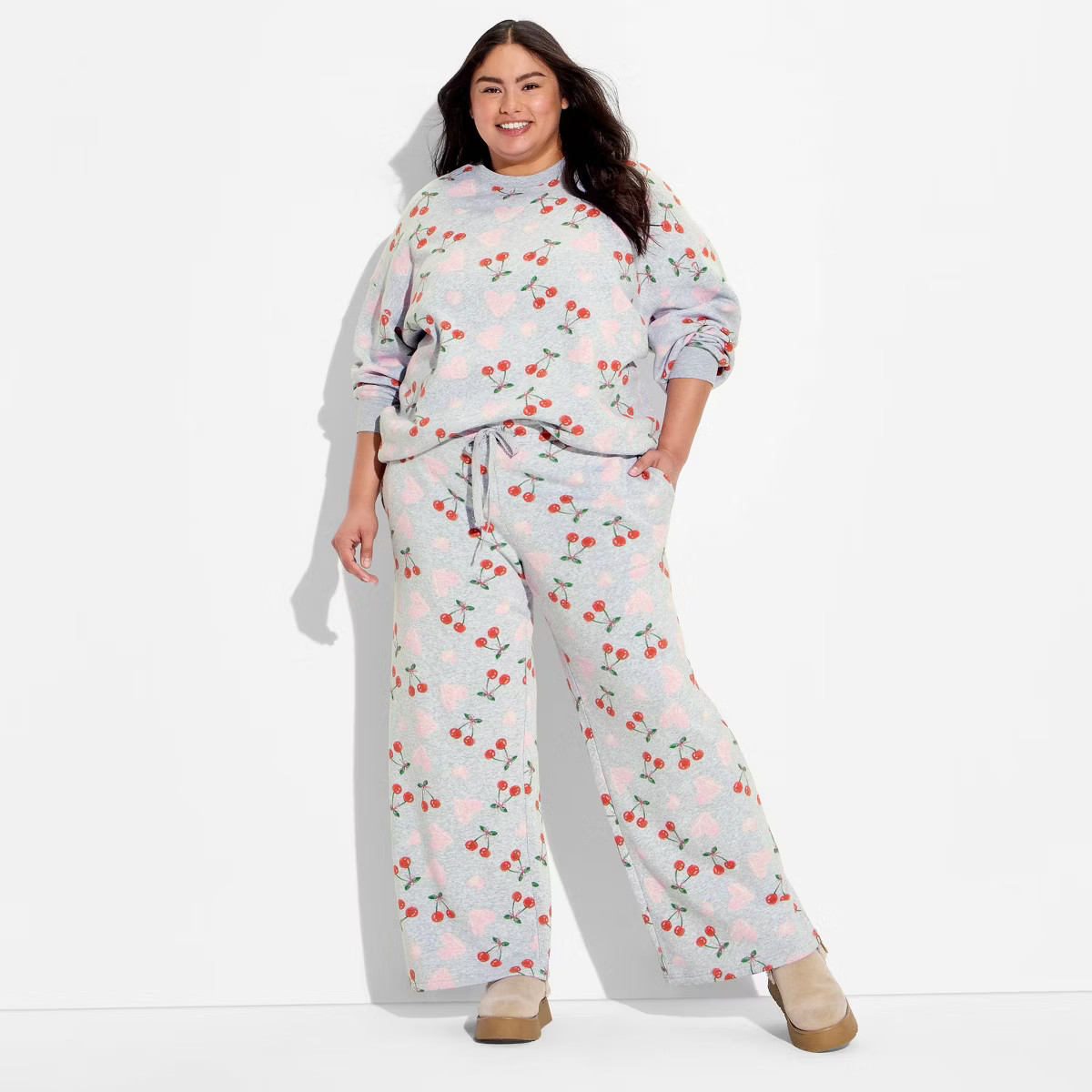 Women's Cherry Heart Fleece Graphic Pull-On Pants - Heather Gray | Target
