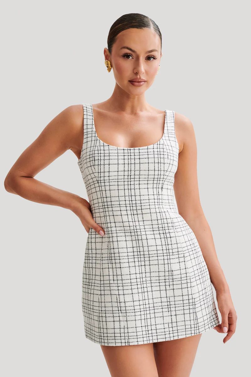 Beth Tweed Mini Dress - White Check | MESHKI US