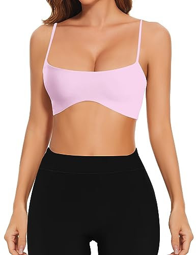 Meladyan Women Sports Bra Scoop Neck Spaghetti Strap Support Bralette Crop Cami Top Backless Curve Wireless Yoga Workout Pink | Amazon (US)