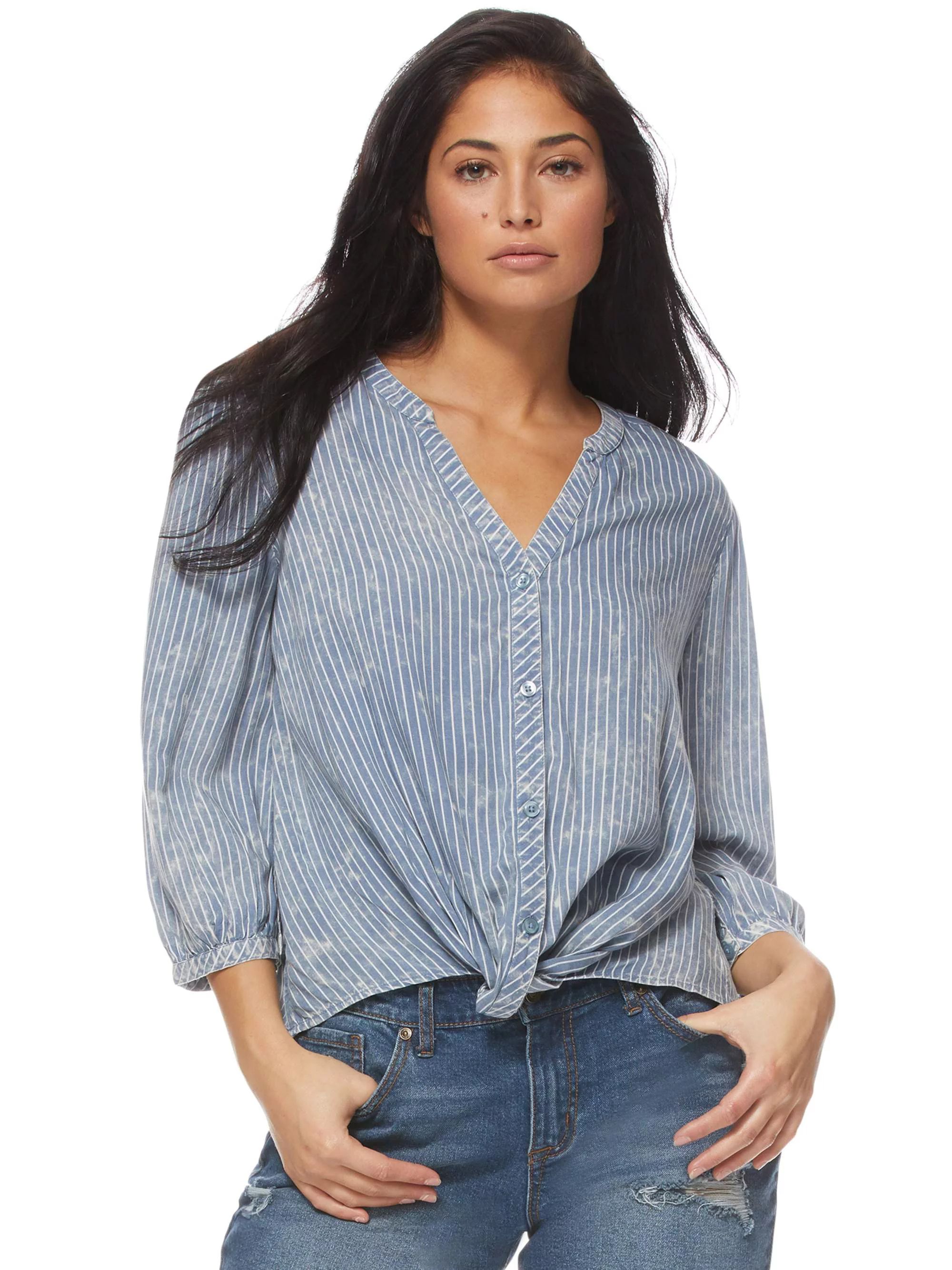 Sofia Jeans by Sofia Vergara Long Sleeve Button Front Knot Front Striped Shirt, Women's | Walmart (US)