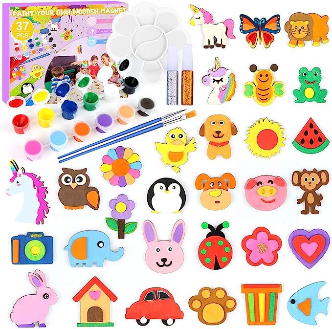 Wooden Craft Kits for Kids Age 3-10, 30Pcs Paint Your Own Wooden Magnet for Toddlers, DIY Art and... | Amazon (US)