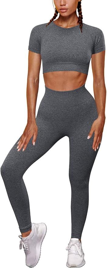 OYS Womens Yoga 2 Pieces Workout Outfits Seamless High Waist Leggings Sports Crop Top Running Clo... | Amazon (US)