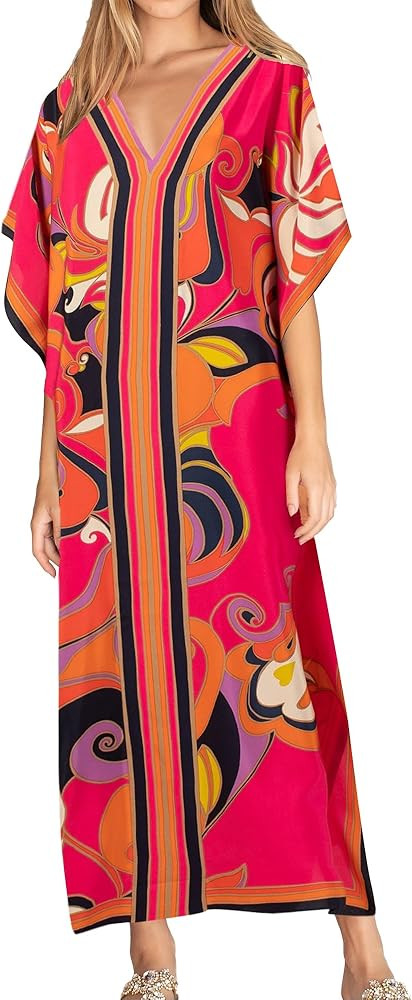 Eddoyee Women Long Print Swimwear Cover Up Sexy V Neck Side Split Beach Caftans Lounge Dresses | Amazon (US)