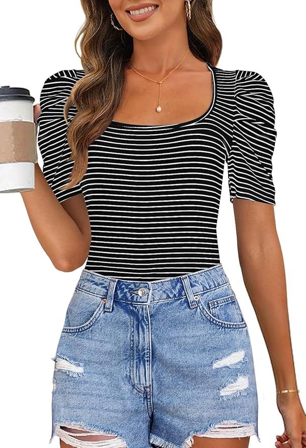 MEROKEETY Women's Summer Short Puff Sleeve Tops Stripe Square Neck Fitted Casual Tee Shirts Blous... | Amazon (US)