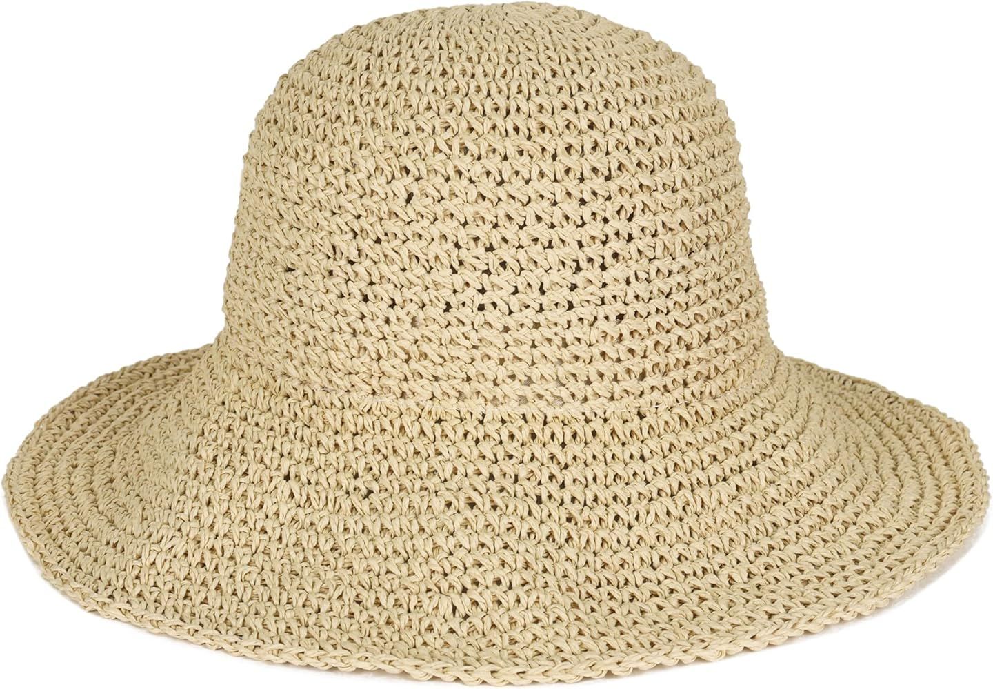 Floppy Straw Sun Hat Foldable Packable Wide Brim Summer Beach Hat Crochet Bucket Hat for Women | Amazon (US)