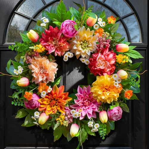 Spring Wreath 24 Inch Summer Wreaths for Front Door with Dahlia and Greenery, Wreath for All Seasons,Spring and Summer Wreaths for Front Door Outside or Indoor | Amazon (US)
