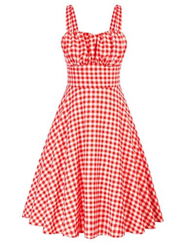 Belle Poque Womens Gingham Dress Boho Summer Floral Print Sleeveless Smocked Flowy Beach A Line Midi Dress Red Large | Amazon (US)