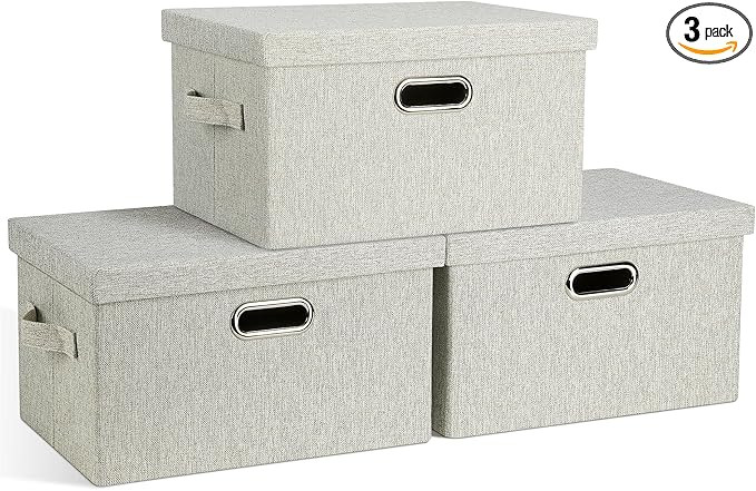 Medium 15" 21 Quart Collapsible Stackable Storage Bins with Lids, 3 Packs Beige Foldable Fabric C... | Amazon (US)