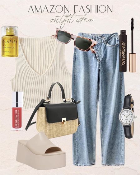 Amazon Casual summer outfit idea with a fun asymmetrical waist pair of jeans and sweater tank! #Founditonamazon #amazonfashion Amazon fashion outfit inspiration 

#LTKStyleTip #LTKSeasonal #LTKSaleAlert