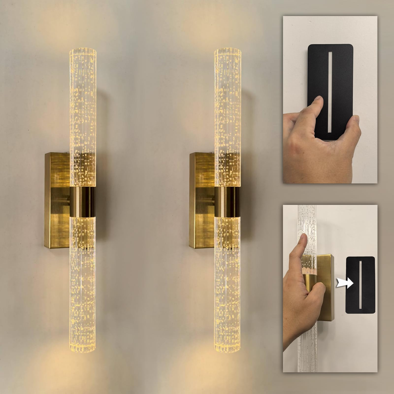 Peel and Stick on Crystal Wall Sconces Battery Powered Gold with Remote and Timmer | Cordless Rec... | Amazon (US)