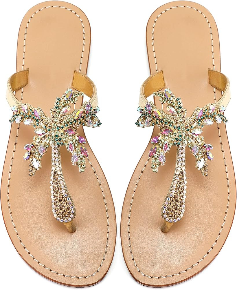 Monrovia Women's Rhinestone Jeweled Flat Beach Wedding Summer Sandals Gold Rhinestone Jeweled San... | Amazon (US)