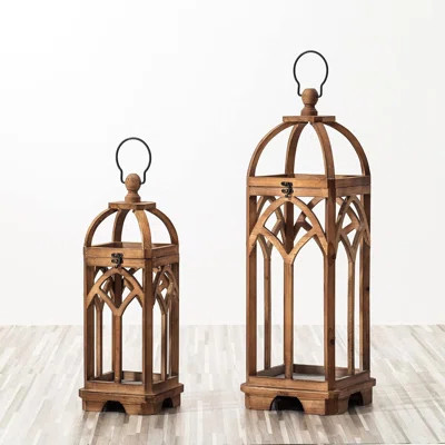 Farmhouse Decorative Lanterns Wooden Candle Lantern Church Window Frame Lanterns For Wedding Mantle Entryway Home Patio Balcony Garden, Pack Of 2, Nat | Wayfair North America