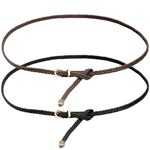 Ayliss Braided Belt Women PU Leather Waist Belt Skinny Woven Belt for Dress/Jeans (Black+Brown(2pcs)) | Amazon (US)