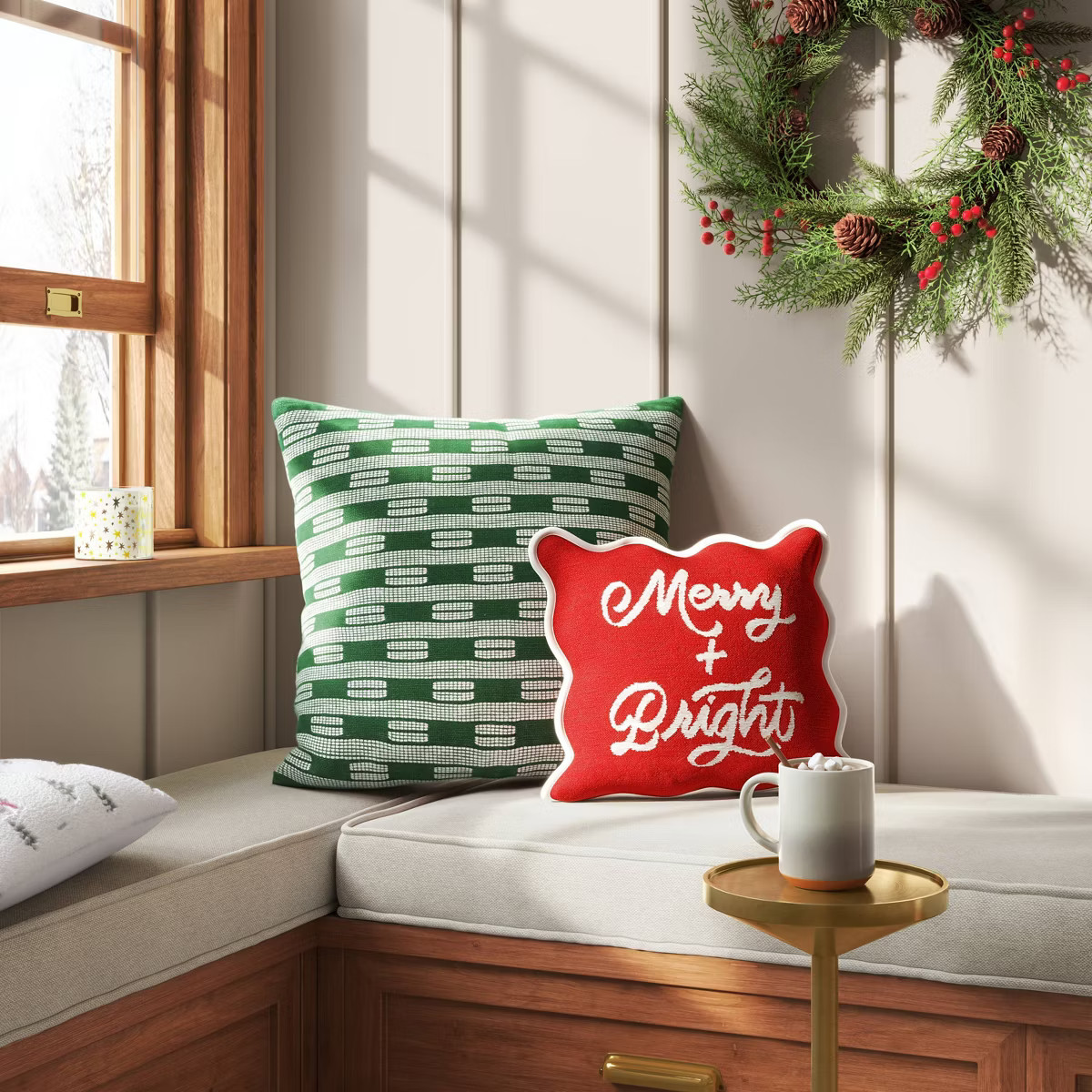 Woven Merry And Bright Square Throw Pillow with Scalloped Trim Red/Ivory - Threshold™ | Target