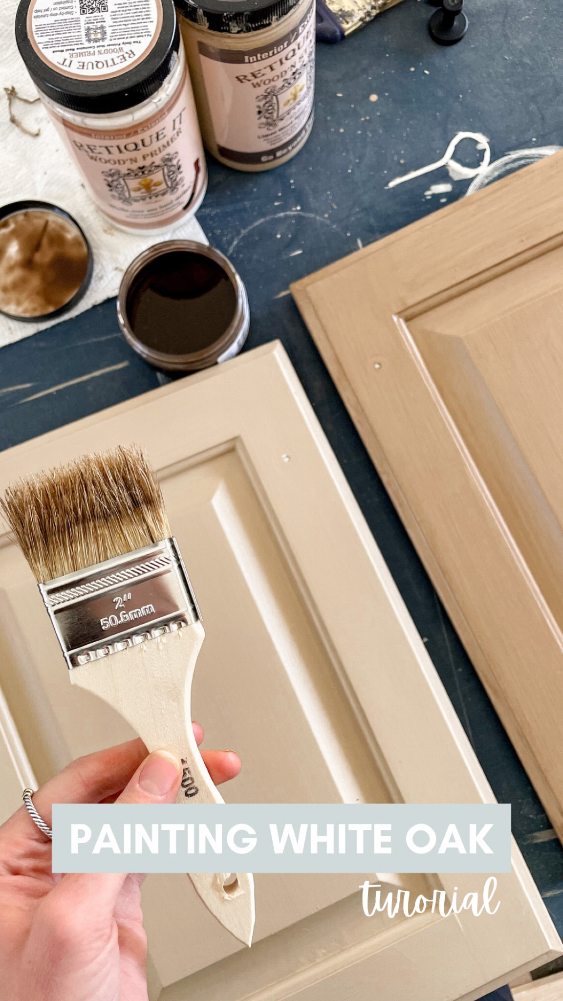 Everything I used to transform the red wood vanity to white oak! 

Details: 
• 2 coats of primer (apply with paintbrush) 
• 4 coats of pickled oak (apply with paintbrush)
• 1 coat Pecan gel stain (apply with 2” chip brush)
• 1 coat polyurethane (apply with paintbrush)

Paint everything in the direction you want the grain to go. Use long brush strokes! 

#LTKhome